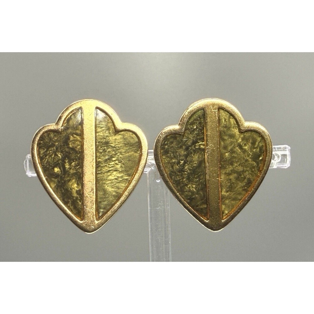 Monet Gold Tone Forest Green Marbled Inlay Geometric Clip-On Earrings Vintage